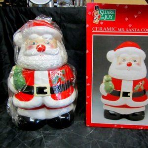 VINTAGE 70'S TO 90'S SHARE THE JOY BRAND CERAMIC MR SANTA COOKIE JAR W/ORIG PKG